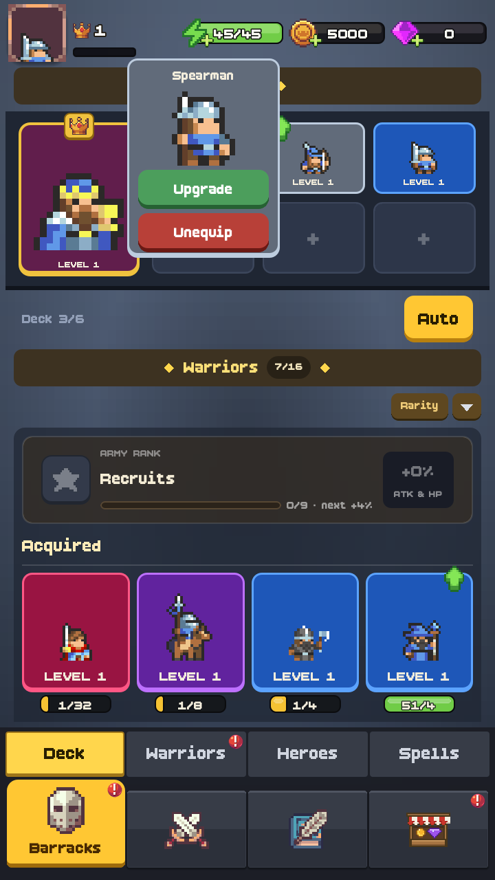 Barracks screen: build your deck of pixel art warriors and heroes