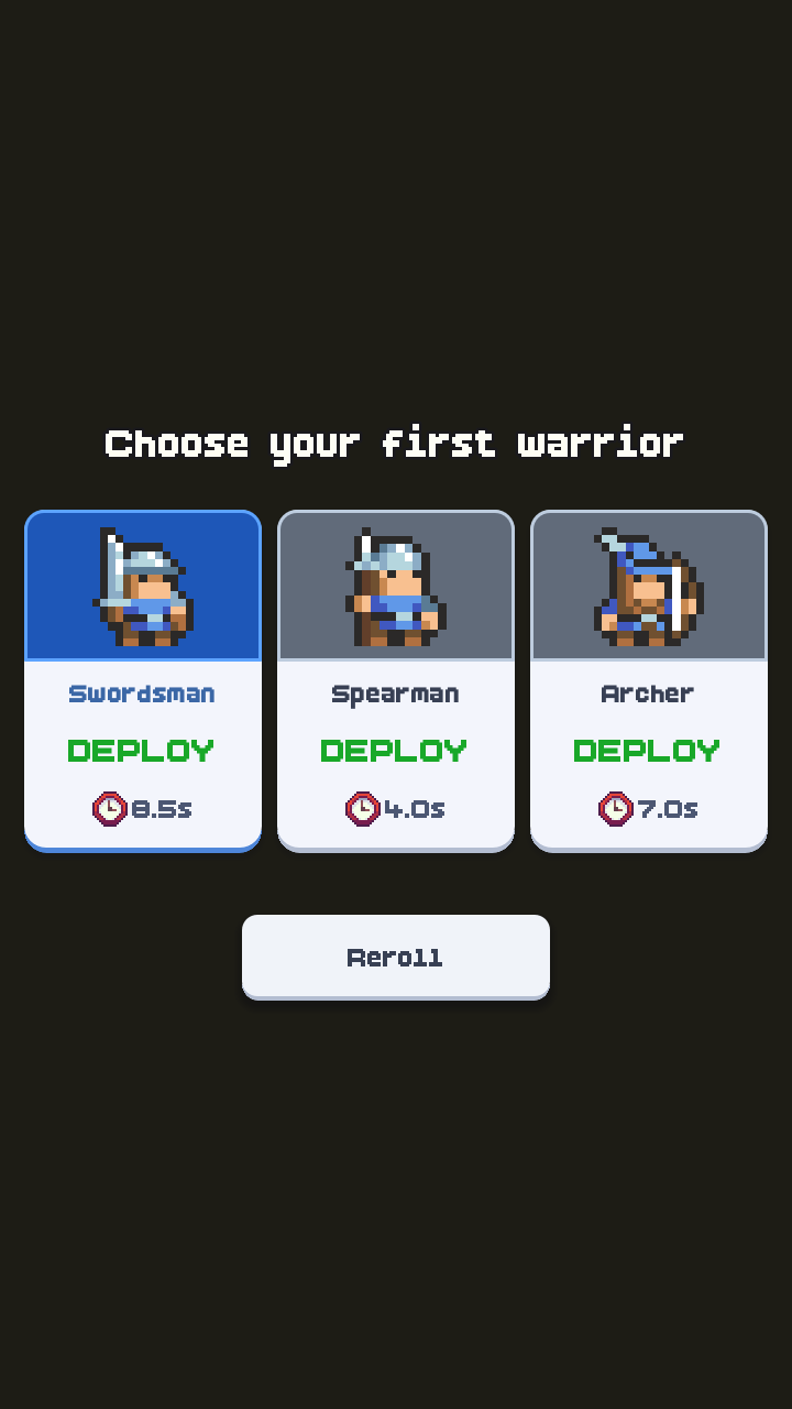 Draft picks in Pixel Warriors: choose your first warrior from Swordsman, Spearman, Archer