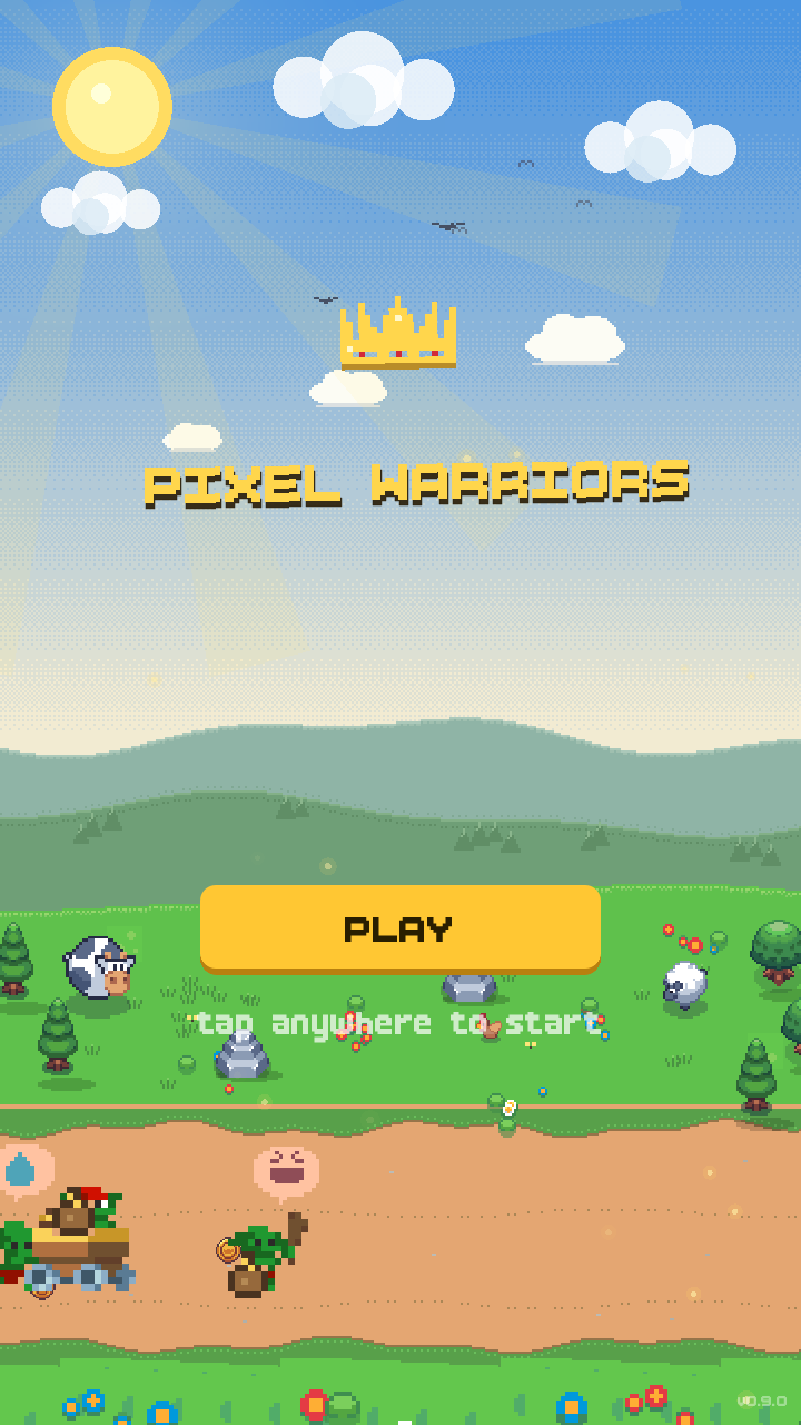 Pixel Warriors title screen: a golden crown floats over the sunny pixel kingdom